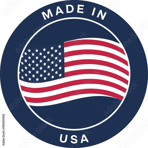 Made in USA circular badge with American flag design for product packaging and manufacturing labels