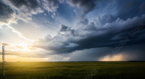 Massive dark storm clouds gather over a golden grassy field as sunlight breaks through the left horizon.