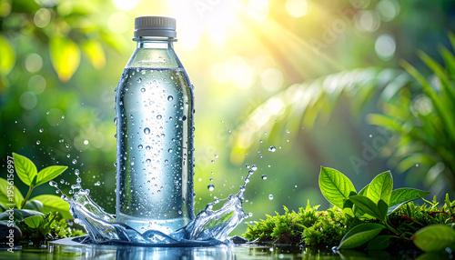 A clear water bottle with condensation sits amidst a splash of water in a lush green forest with sun rays and bokeh background
