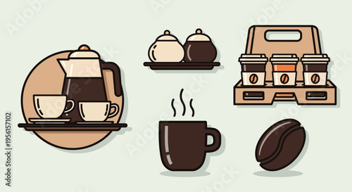 A collection of stylized flat icons representing various coffee-related items, including a French press, cups, sugar bowls, a coffee carrier, a steaming mug, and a coffee bean.