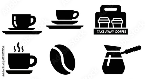 A collection of black and white icons representing various coffee-related items, including cups, a coffee bean, and a cezve.