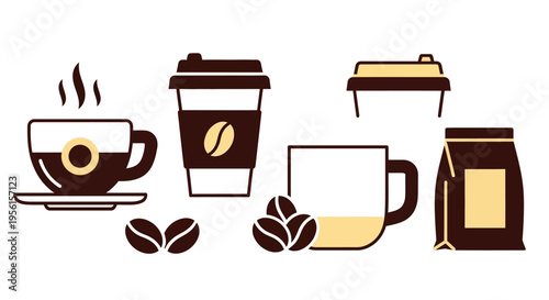 A collection of stylized coffee-related items including cups, a coffee bag, and coffee beans, presented in a flat design style.