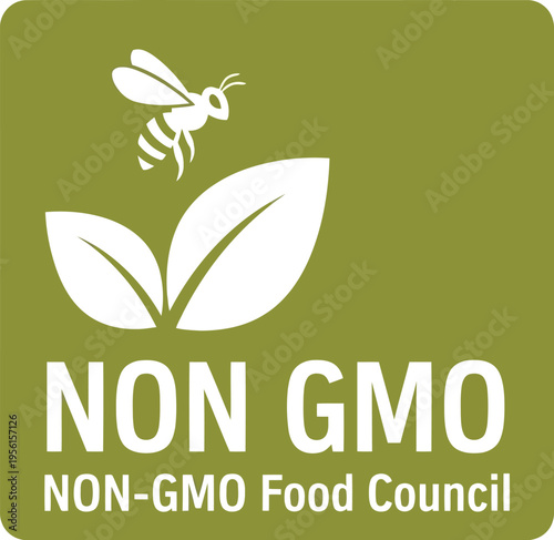 Non GMO Food Council Label with Bee and Leaf Icon for Natural Organic Product Certification