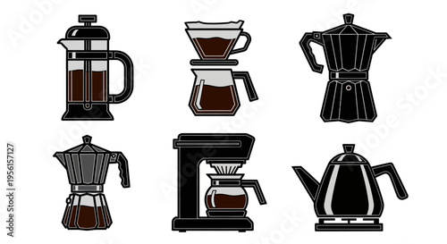 A collection of six different coffee makers, including a French press, pour-over brewer, Moka pot, and automatic drip coffee machine.