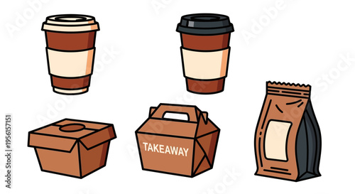 A collection of takeaway food and drink containers, including coffee cups, a food box, and a paper bag.