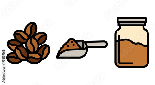 A pile of roasted coffee beans, a scoop of coffee grounds, and a jar of brewed coffee.