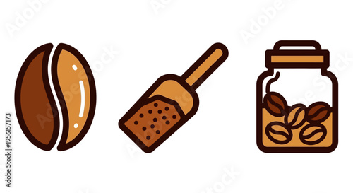 A simple illustration of coffee beans, a scoop of coffee grounds, and a jar filled with coffee beans.