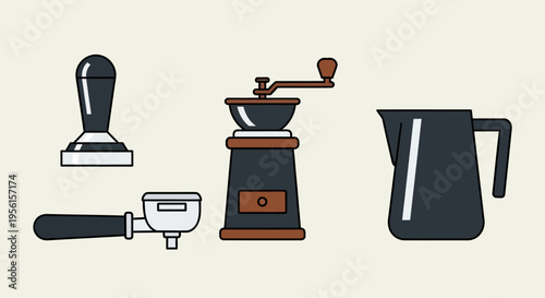 Illustration of essential coffee brewing tools including a tamper, portafilter, manual grinder, and milk pitcher.
