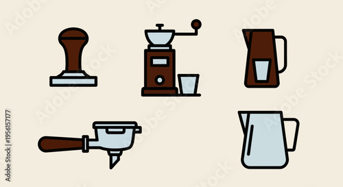 A collection of five flat design icons representing coffee brewing equipment, including a tamper, grinder, and milk pitchers.