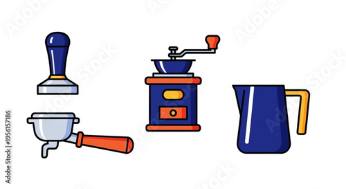 A collection of essential coffee-making tools, including a tamper, portafilter, manual grinder, and milk frothing pitcher, presented in a flat, illustrative style.