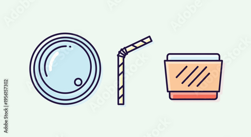 A minimalist illustration featuring a clear plastic lid with a small opening, a striped drinking straw, and a disposable coffee cup.
