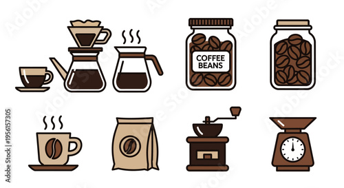 A collection of flat design icons representing various coffee-related items and brewing methods, including beans, cups, grinders, and scales.