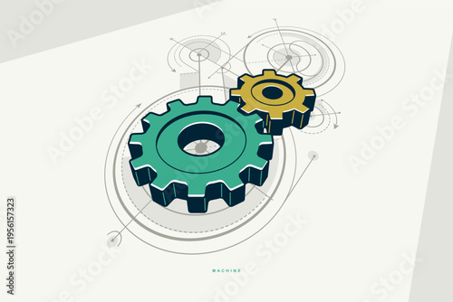 Engineering machine concept poster, gears and cogs vector icon style poster, effective automation.