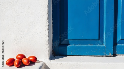 Greek Red Easter Eggs by Traditional Blue Santorini Door