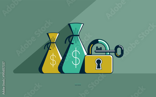 Money bags with padlock secured savings concept poster, vector icon style illustration of a moneybags with a lock, financial safety metaphor, personal finance protection.