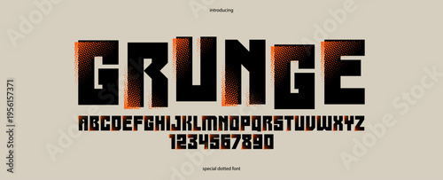Halftone dotted futuristic cyberpunk font for logos and posters, vector brutal industrial typeface alphabet letters and numbers, urban technic future typography.