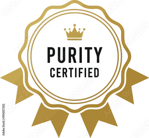 Purity Certified Gold Badge Seal Icon with Crown Symbol for Quality Assurance and Product Labeling