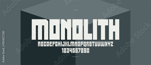 Brutal geometric square and bold and strong vector geometric font for logos and emblems, display typeface for posters, heavy and thick letters alphabet in modern style.