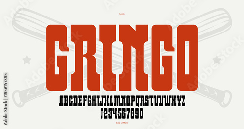Massive serif font in American style, wild west saloon and western vector typography for logo creation, bold typeface in vintage America style, display font for posters and headlines.