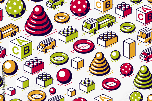 Toys seamless background, vector isometric retro toys endless wallpaper, tiling pattern with truck car and constructor bricks, elements easy to use separately.