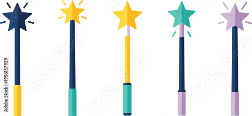 Magic Wand Icon Set with Star Spark Effects in Colorful Variations for Fantasy Design, Wizard Tools, Game Assets, and Creative Illustration Projects