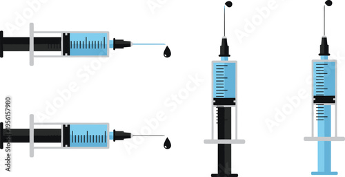 Medical Syringe Illustration Set with Injection Angles, Liquid Drops, and Dosage Levels for Healthcare Design, Vaccination Concepts, Clinical Tools, and Pharmaceutical Graphics