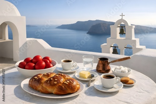 Greek Easter Breakfast with Red Eggs and Tsoureki on Santorini Terrace
