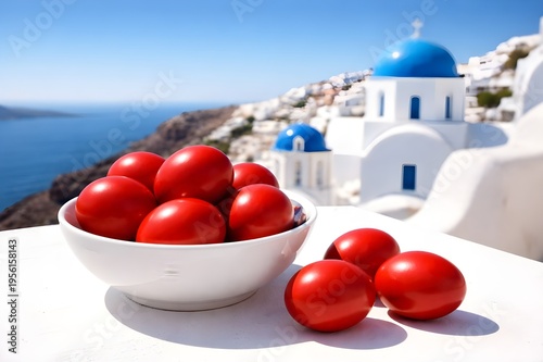 Traditional Greek Red Easter Eggs on White Table in Santorini