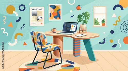 Colorful home office setup with laptop chair table and plant in modern room with abstract wall art