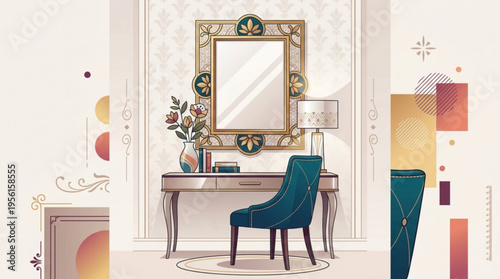 Stylish home office setup with blue chair wooden desk and ornate mirror on white wall background