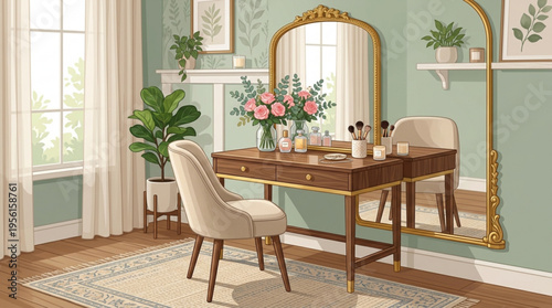 Elegant dressing table with mirror and chair in stylish room with flowers and plants