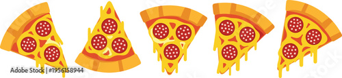 Pepperoni Pizza Slice Illustration Set with Melting Cheese and Toppings for Fast Food Design, Restaurant Branding, Menu Graphics, and Delicious Snack Concepts