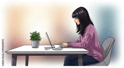 Woman working on laptop at desk with plant and coffee cup in modern office setting with soft lighting