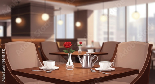 Cozy coffee table setting with two cups and a teapot in a modern restaurant interior with beige chairs and large windows
