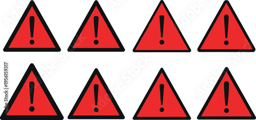 Red Triangle Warning Icon Set with Exclamation Mark Symbols for Hazard Alerts, Safety Signs, Caution Labels, and Risk Notification Designs