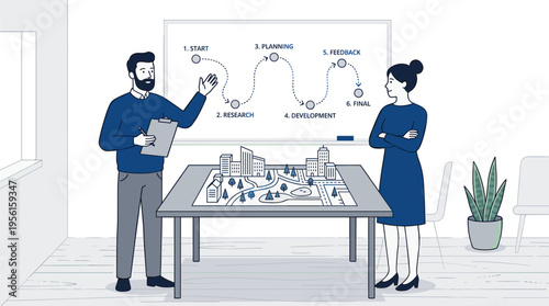 Architect presenting city development project stages to client with 3D urban model and whiteboard strategy vector illustration (18 words)