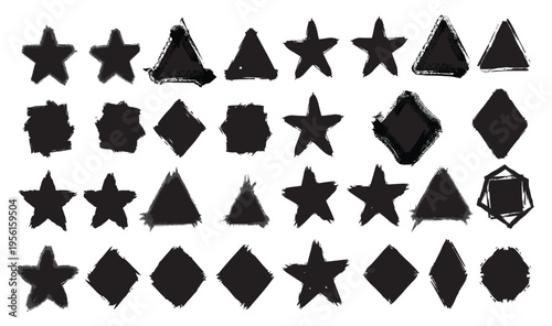 Collection of black star and diamond shapes on white background.