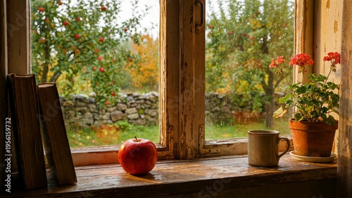 Rainy day still life featuring a bright red apple, stacked books, a ceramic mug, and potted geraniums on a weathered windowsill overlooking an orchard.