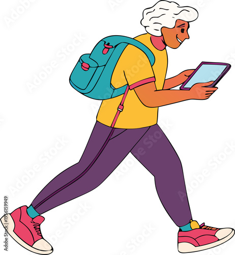 Modern young person walking with backpack and tablet, engaged in digital activity, vector illustration