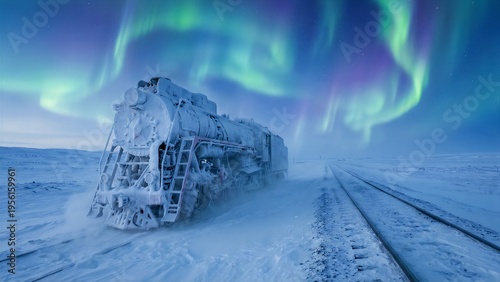 A magnificent, vintage steam locomotive, heavily encased in thick snow and ice, stands proudly, exhibiting its intricate, frosted metallic components and powerful, durable construction, symbolizing