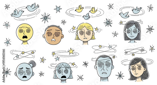 Dizzy Effect Doodle Cartoon Set Hand Drawn Faces Birds Stars Emotions Vector Illustration Collection