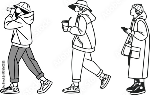 Set of 3 monochrome vector illustrations featuring people walking in casual streetwear fashion