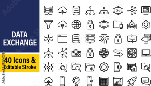 Cloud computing and data exchange line icon set featuring editable stroke database server network and information security symbols (18 words)