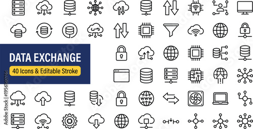 Cloud data exchange line icon set featuring editable stroke server transfer database storage and global network symbols (18 words)
