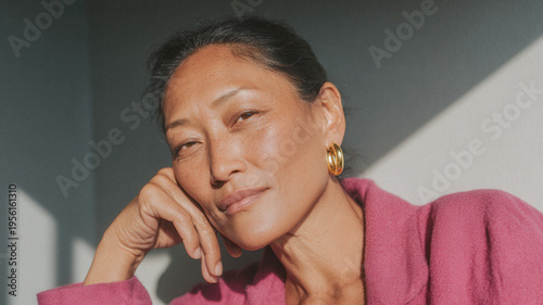 Close-up natural light portrait of a confident mature woman in a pink blazer with gold hoop earrings for beauty and lifestyle banner or profile background