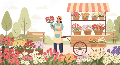 Woman selling beautiful flowers from a cart.
