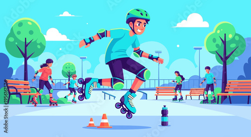 Young boy roller skating in protective gear.