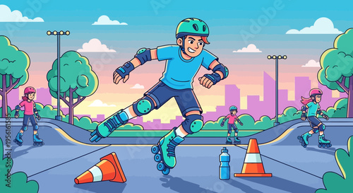 Young boy rollerblading with protective gear in park.