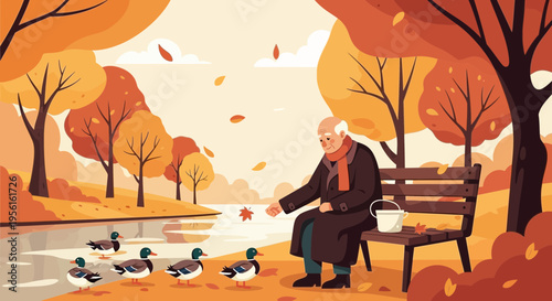 Elderly Man Feeding Ducks by the Pond in Autumn.
