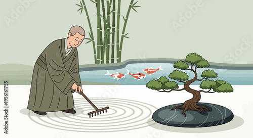 Elderly man in traditional Japanese robe raking a zen garden.